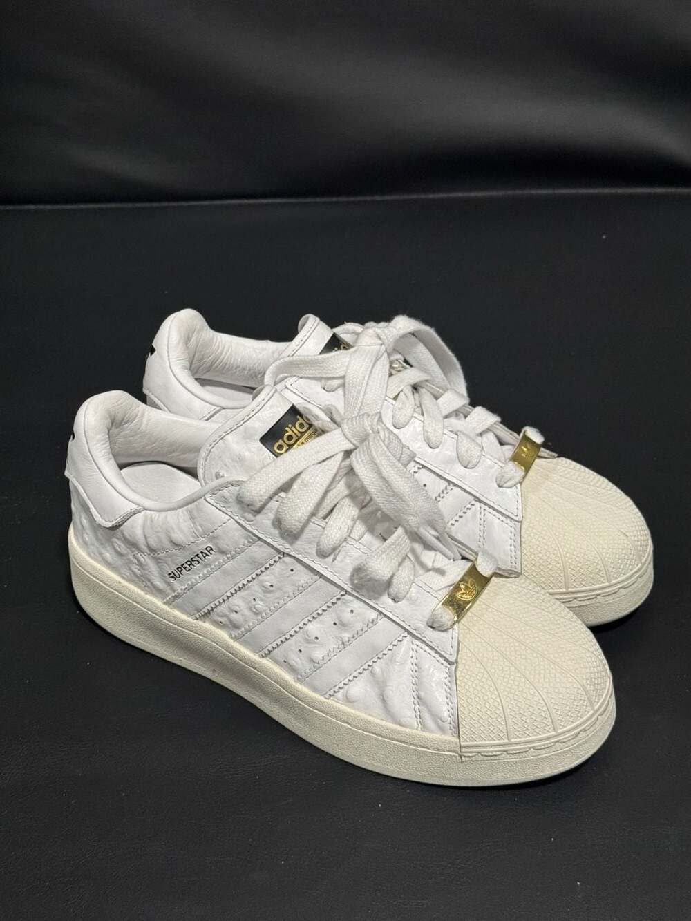 Adidas Superstar XLG Size 6 White Ostrich Leather Gold Metallic Shoes